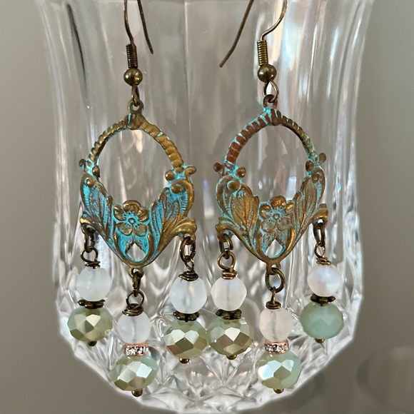 Art Nouveau Style Verdigris Earrings Czech Glass Drops - Picture 2 of 15